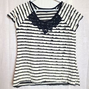 7Wonders Ruffle Shirt Black Cream Stripes Lace Crochet Neckline Short Sleeves